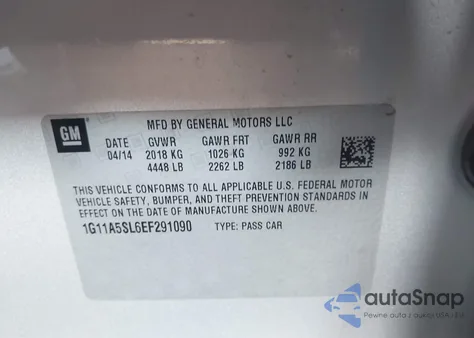 2014 Chevrolet Malibu 1Fl z USA, uszkodzony, nr VIN 1G11A5SL6EF291090